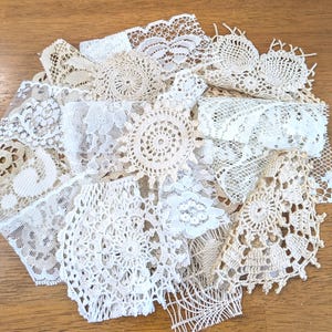 22 pc Vintage Lace grab bag snippet bundle Junk Journal inspiration slow stitch Mixed Media craft Texture Fabric Beige Doily Trim Scrapbook