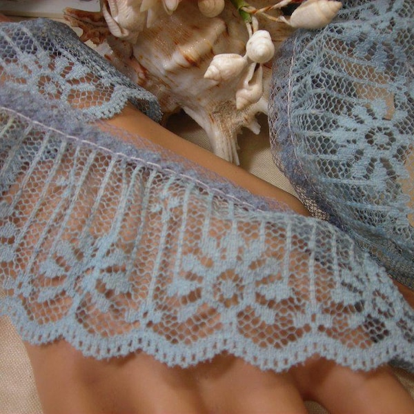 2" Vintage Lace dusty blue ruffle trim sold by yard Junk Journal Supplies slow stitch Shabby Embellishments Scrap booking Sewing Crafts #12