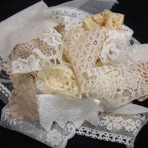 Vintage Lace mini Snippet Pieces Junk Journal Grab Bag fabric Cream Beige Tan Trim mixed media Embellishments Scrapbooking slow stitch