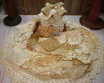Vintage Lace Trim Grab Bag: Neutral Beige Snippets, Junk Journal Supplies