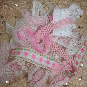 Vintage lace pink & white Tatting trim bundle grab bag Junk Journal Supplies slow stitch Shabby Embellishments Scrap booking Sewing Crafts