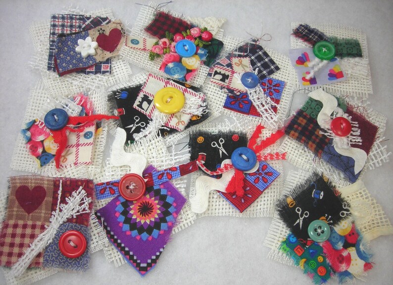 collage scrapbook 5 sewing quilt theme Junk Journal fabric clusters Embellishments snippets layered buttons slow stitching