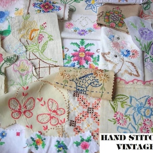 Vintage handstitched Embroidered Fabric Scraps Junk Journal cross stitch Pieces crazy quilt Embellishments slow stitch Mixed Media Texture