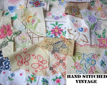 Vintage handstitched Embroidered Fabric Scraps Junk Journal cross stitch Pieces crazy quilt Embellishments slow stitch Mixed Media Texture