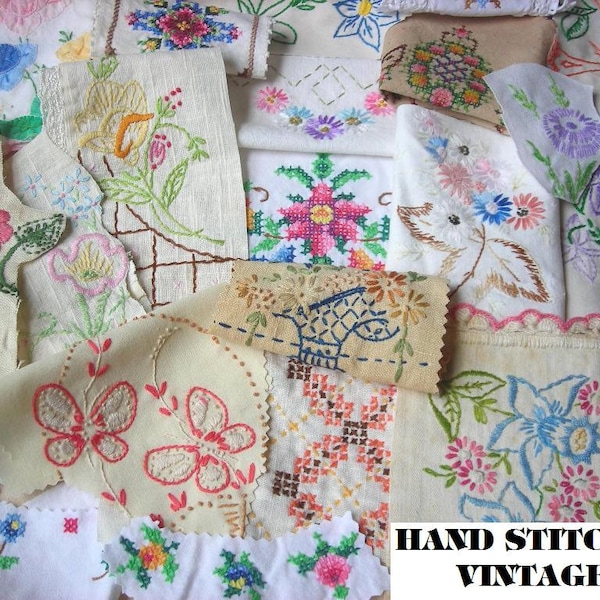 Vintage handstitched Embroidered Fabric Scraps Junk Journal cross stitch Pieces crazy quilt Embellishments slow stitch Mixed Media Texture