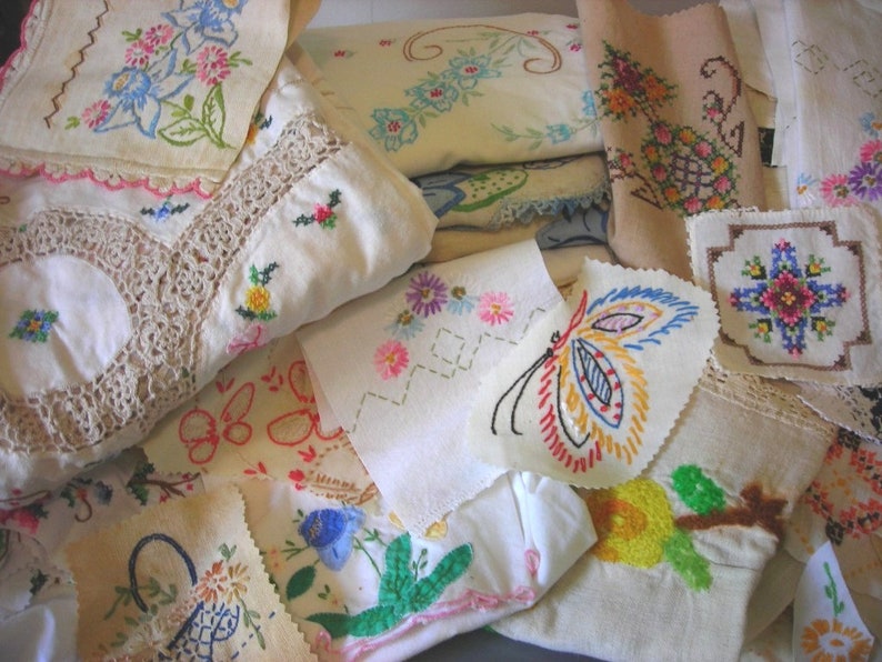 Vintage Handstitched Embroidered Fabric Scraps Junk Journal Etsy