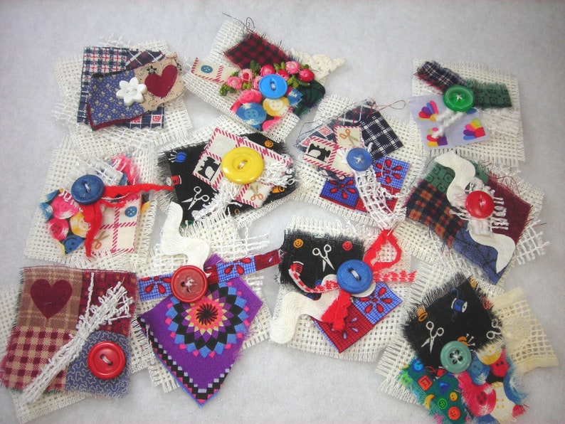 collage scrapbook 5 sewing quilt theme Junk Journal fabric clusters Embellishments snippets layered buttons slow stitching