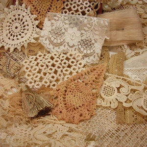 Vintage Lace Pieces Junk Journal Embellishments slow stitch Mixed Media Grab Bag Texture Fabric Neutral Cream Beige Doily Trim