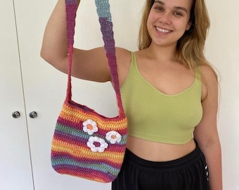 Handmade crochet rainbow bag with daisy applique