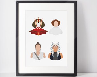 MUJERES DE STAR WARS / Impresión minimalista / Retrato / Póster / Arte mural imprimible / Ilustración / Star Wars