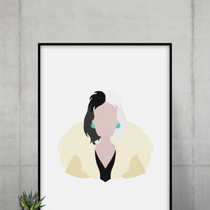 May include: A minimalist illustration of Cruella de Vil from the Disney film 101 Dalmatians. The image features a black and white silhouette of Cruella with a yellow fur coat and turquoise earrings.