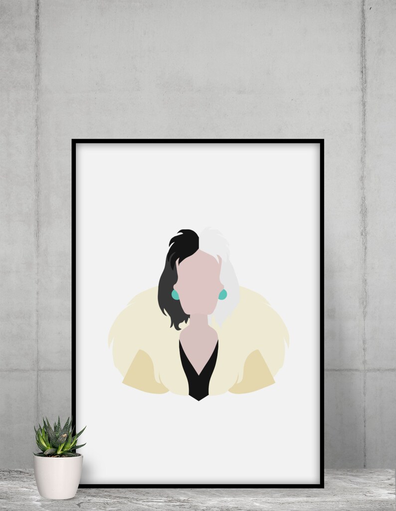 May include: A minimalist illustration of Cruella de Vil from the Disney film 101 Dalmatians. The image features a black and white silhouette of Cruella with a yellow fur coat and turquoise earrings.