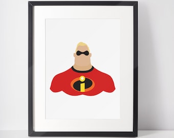 May include: A framed print of a cartoon superhero with a red suit and a yellow 'I' symbol on the chest. The superhero has blonde hair and is wearing black sunglasses.