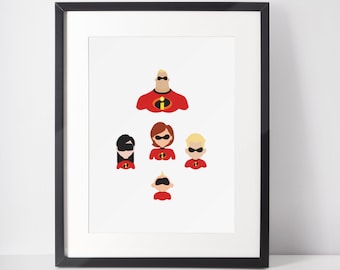 May include: A black framed print with a white background featuring a family of five cartoon characters in red and black superhero costumes. The characters are arranged in a pyramid shape with the father at the top, the mother below him, and their three children below them.