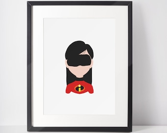 May include: Framed art print featuring a minimalist illustration of a character from The Incredibles. The artwork depicts a person with black hair and a red top with the Incredibles logo. The print is set in a black frame, perfect for a child's room or a fan's collection.