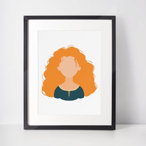 Puede incluir: Una ilustración imprimible de un personaje de dibujos animados con cabello largo y rizado de color naranja y un vestido verde azulado. El personaje tiene una cara simple de estilo de dibujos animados.