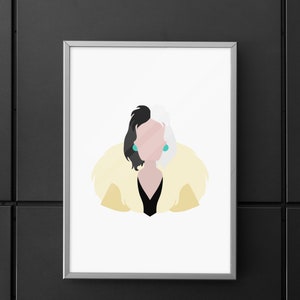 May include: A minimalist illustration of Cruella de Vil from the Disney film 101 Dalmatians. The image features a black and white silhouette of Cruella with a yellow fur coat and turquoise earrings.