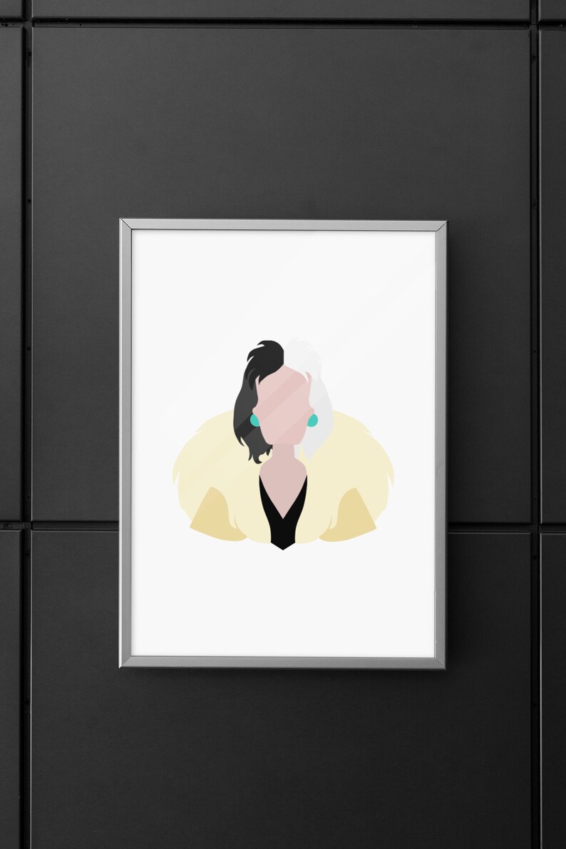 May include: A minimalist illustration of Cruella de Vil from the Disney film 101 Dalmatians. The image features a black and white silhouette of Cruella with a yellow fur coat and turquoise earrings.