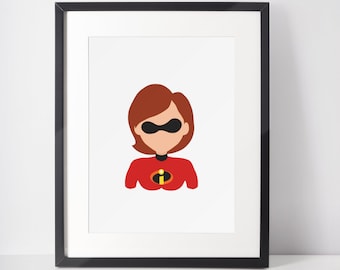 May include: A framed print of a cartoon character with red hair, wearing a red and black superhero costume with a black eye mask. The character has a yellow "I" symbol on their chest.