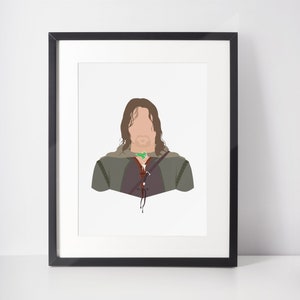 May include: A framed print of a minimalist illustration of a character from the Lord of the Rings. The character is wearing a brown hooded cloak and a green necklace. The background is white.