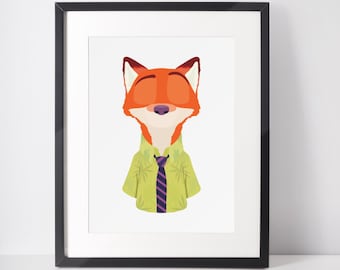 NICK WILDE / Impresión minimalista / Retrato / Póster / Arte mural imprimible / Ilustración / Zootopia
