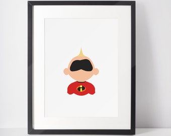 May include: A black framed print of a cartoon character with a red suit and a black mask. The character has blonde hair and a black eye mask. The character is a baby.