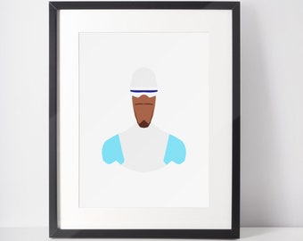 May include: A framed illustration of a person wearing a white helmet with a blue stripe, a white shirt with light blue sleeves, and a brown beard. The background is white.
