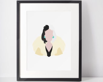 Impresión artística minimalista de Cruella de Vil / Ilustración de villana (descarga digital)