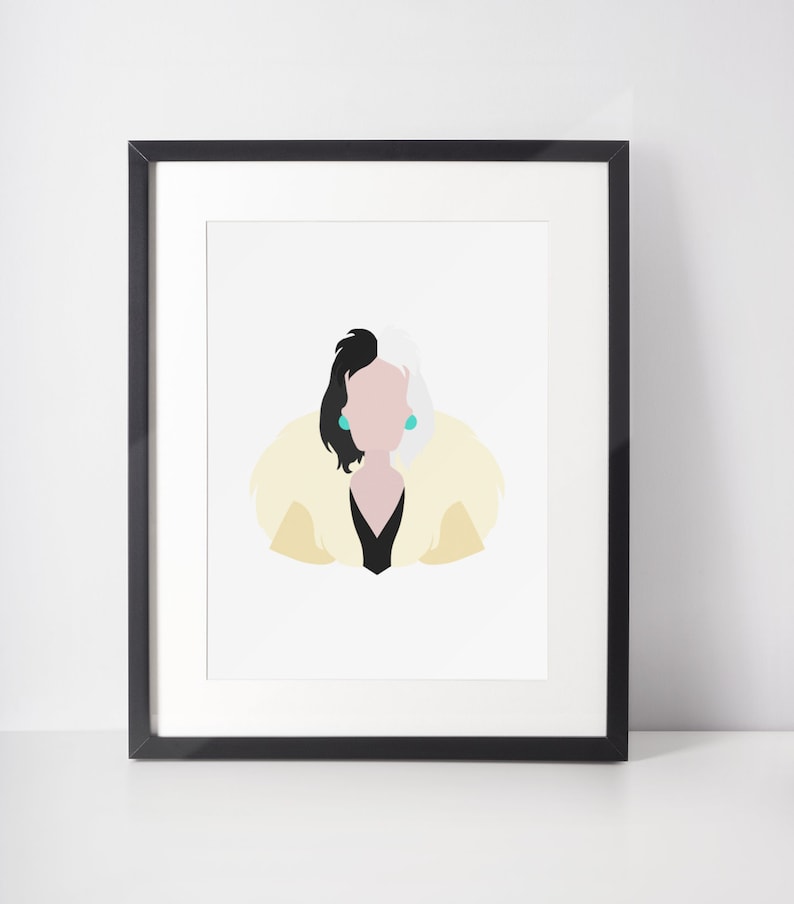 May include: A black and white illustration of Cruella de Vil from the Disney film 101 Dalmatians. She is wearing a black dress and a yellow fur coat.