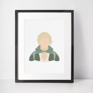 May include: A framed illustration of a character with blond hair wearing a green hooded cloak and a green necklace. The background is white.