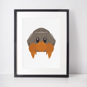 May include: A cartoon illustration of a hermit crab with a brown shell and orange claws. The crab has large, black eyes and a small, orange mouth.