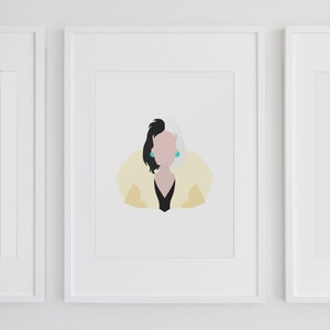 May include: A framed illustration of Cruella de Vil from Disney's 101 Dalmatians. The illustration is a minimalist silhouette of Cruella with her signature black and white hair, wearing a yellow fur coat.
