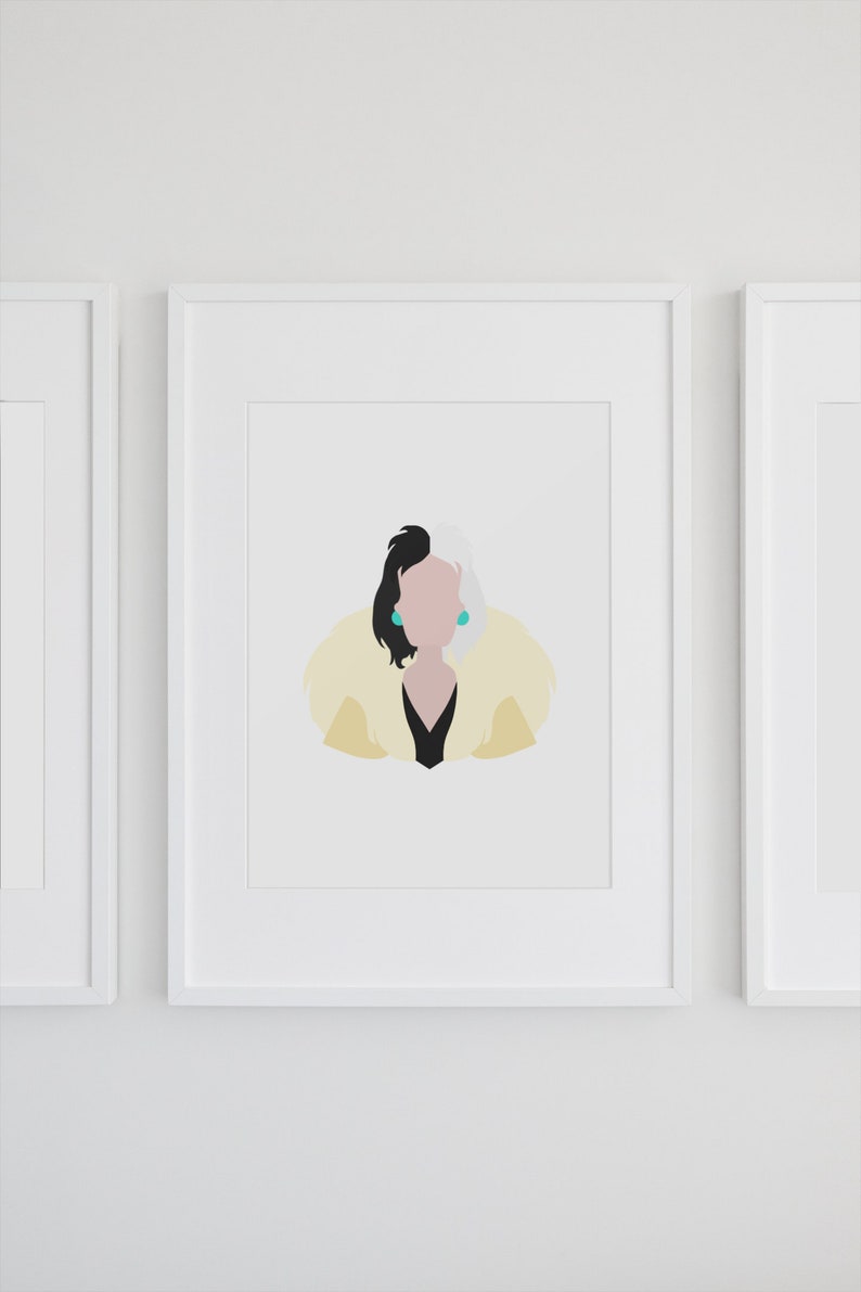 May include: A framed illustration of Cruella de Vil from Disney's 101 Dalmatians. The illustration is a minimalist silhouette of Cruella with her signature black and white hair, wearing a yellow fur coat.