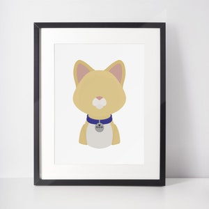 May include: A framed illustration of a cartoon cat with a blue collar and a tag that says "SOX". The cat is light brown with pink ears and a white chest.