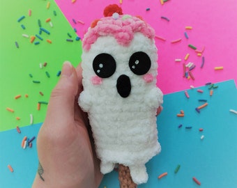 Ghost Popsicle - Crochet Halloween Decorations - Amigurumi - Ice Cream - Sprinkles - White and Pink - Stuffed Animal - Plushie - Softie