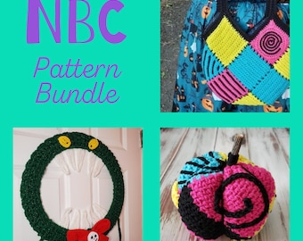 Bundle of 3 Crochet Patterns - Shoulder Bag, Wreath, & Patchwork Pumpkin - Jack and Sally - Halloween Decorations - NBC - Nightmare Before