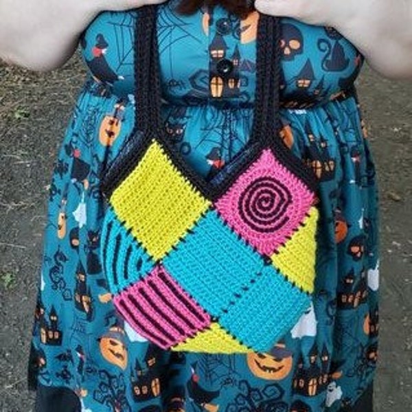 Sally's Patchwork Bag - Crochet Bag Pattern - NBC Inspired - Jack and Sally - Purse - Patchwork - Halloween - Granny