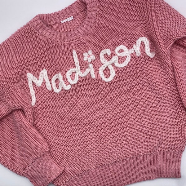 Chunky Name Sweater ||  Hand embroidered toddler pullover sweater personalized