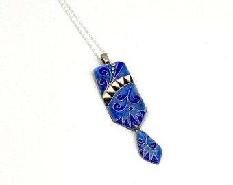 Cloisonné  blue/black/white enamel on fine silver pendant with sterling silver chain with lobster claw clasp