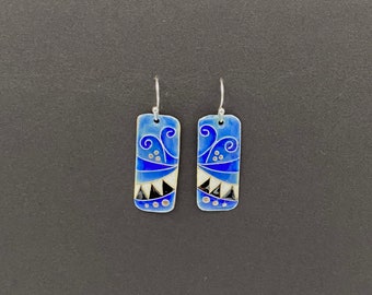 Cloisonne earrings rectangle geometric blue/black/white enamel on fine silver - handmade dangle earrings with sterling silver earring wires