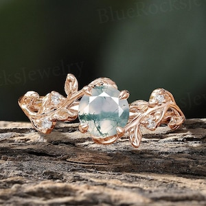 Moss Agate Engagement Ring Nature Inspired Branch Leaf Ring Sterling Silver CZ Bridal Ring Vintage Moissanite Ring Unique Anniversary Ring
