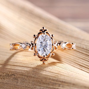 Vintage Moissanite Engagement Ring, Oval Cut art deco, Rose Gold, Wedding ring, bridal Art deco wedding ring, anniversary Promise ring
