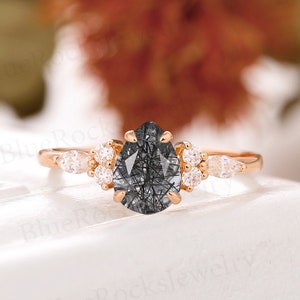 Tear drop Black Rutilated Quartz Engagement ring, Art deco wedding ring,rose gold,Unique Marquise Moissanite/Diamond band, bridal ring