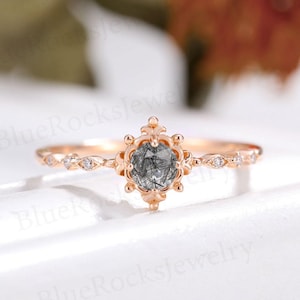 Delicate Engagement Ring, art deco Black Rutilated Quartz ring, Rose Gold Ring, round cut ring,Diamond bridal wedding ring,anniversary ring