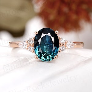 Vintage Oval shaped teal sapphire engagement ring,Rose gold prong set wedding ring, green blue sapphire ring bridal ring, anniversary ring image 1