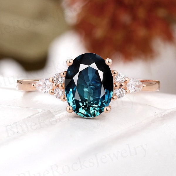 Vintage Oval shaped teal sapphire engagement ring,Rose gold prong set wedding ring, green blue sapphire ring bridal ring, anniversary ring