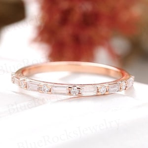 Vintage Moissanite Wedding Band,Baguette Rose Gold Ring,Stacking Matching Band For Women,Bridal Ring,Anniversary Promise Ring,Gift For Her