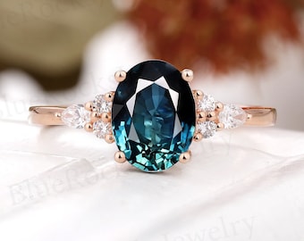 Vintage Oval shaped teal sapphire engagement ring,Rose gold prong set wedding ring, green blue sapphire ring bridal ring, anniversary ring