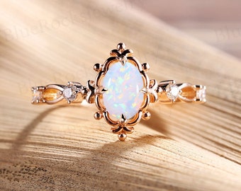 Vintage Opal Verlobungsring, Oval Cut Art Deco Ring, Rosegold Moissanit Ring, Ring, Brautring Ehering, Versprechen Jubiläumsring