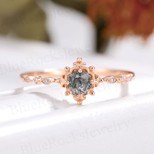 Delicate Engagement Ring, art deco Black Rutilated Quartz ring, Rose Gold Ring, round cut ring,Diamond bridal wedding ring,anniversary ring